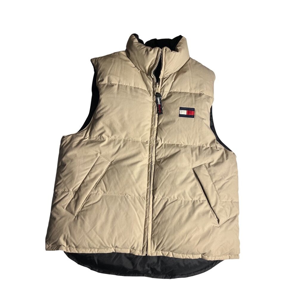 Tommy Hilfiger Vintage Reversible Down Puffer Vest Sleeveless Black & Tan Sz S